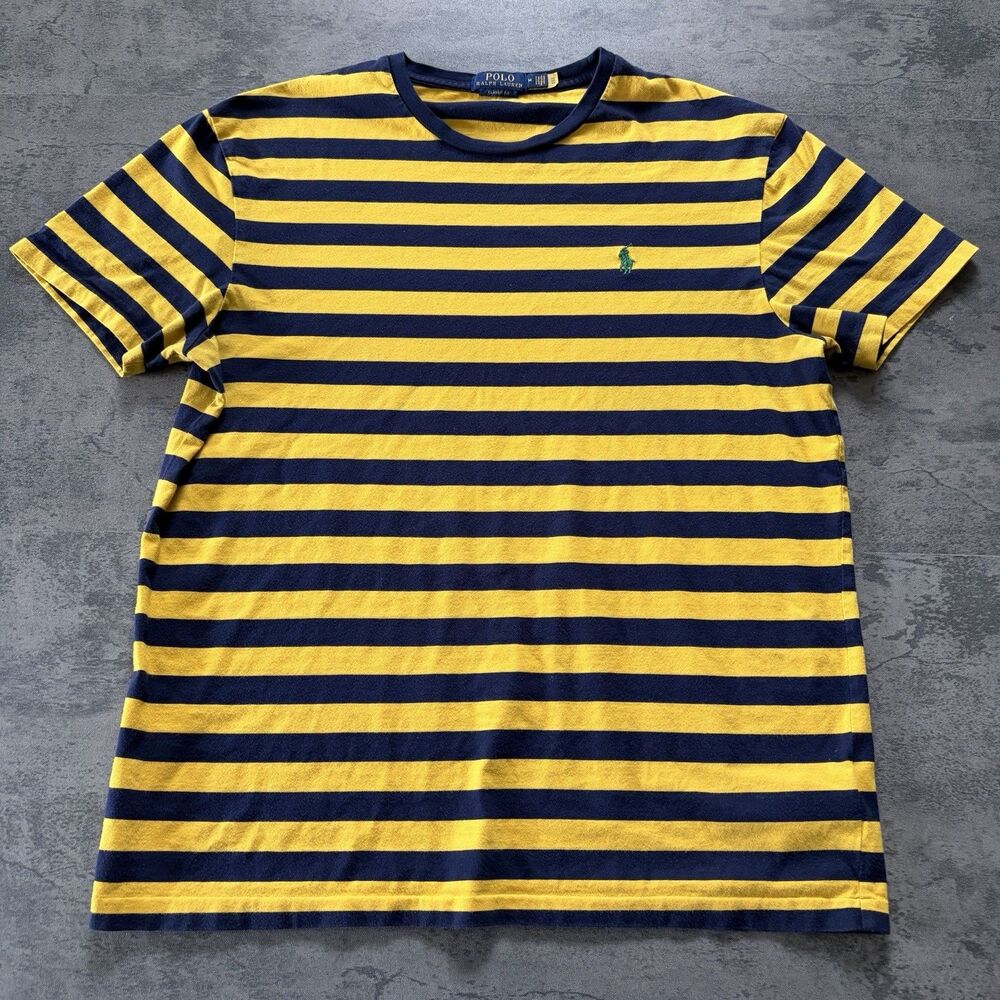Y2K Polo Ralph Lauren Mens M Blue Yellow Striped Short Sleeve Crewneck T Shirt